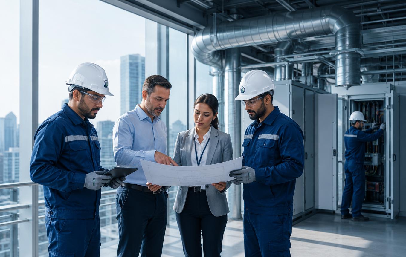 Facilities professionals reviewing a technical plan