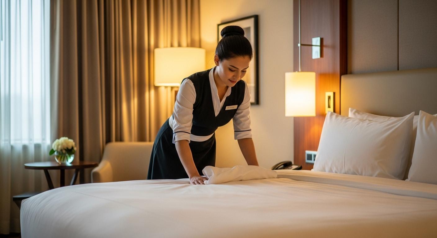 Housekeeping professional preparing a hotel guest room